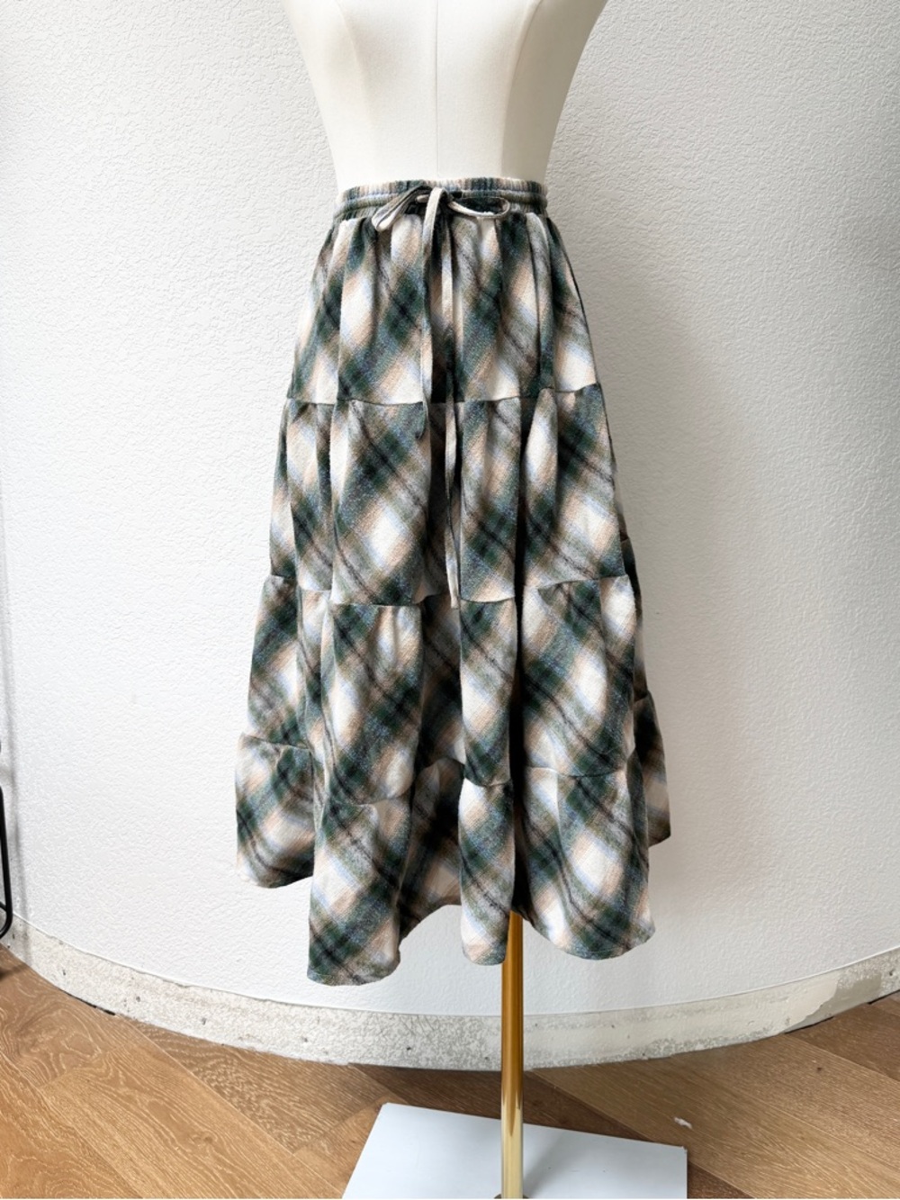 Mustard Seed Grunge Flannel Green Plaid Tiered Midi Skirt Tie Waist L XL